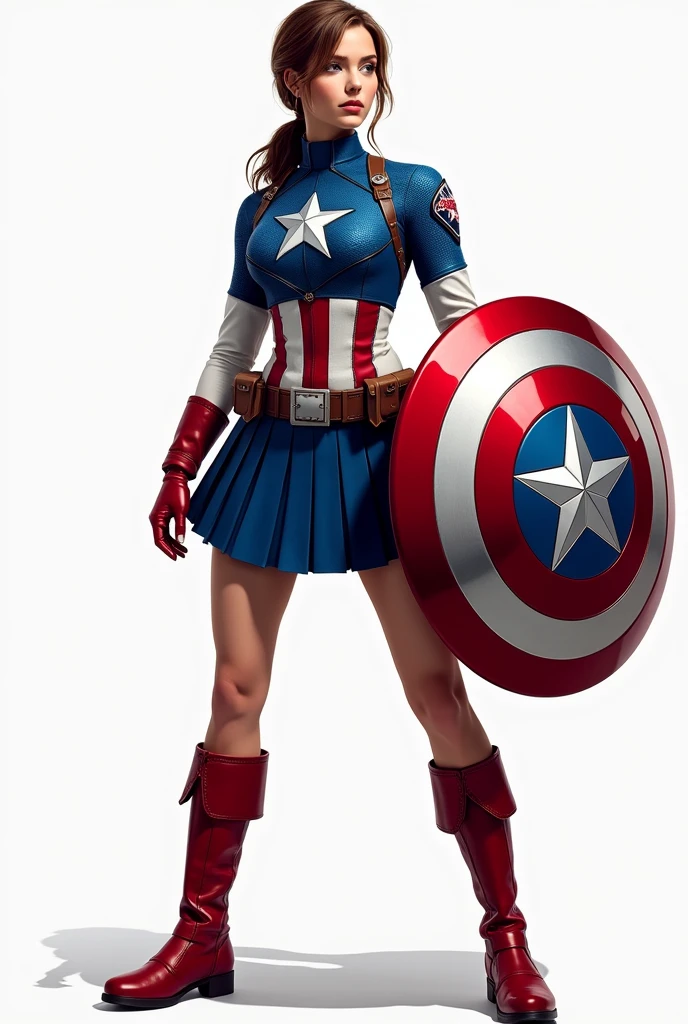 Captain America female version wears a blue bodysuit with white and red accents, a matching blue skirt, a white star emblem on her chest, and red boots. She holds a circular shield with the iconic star and stripes. Her hair is tied back in a practical yet stylish manner, and she stands with the shield raised, ready to defend