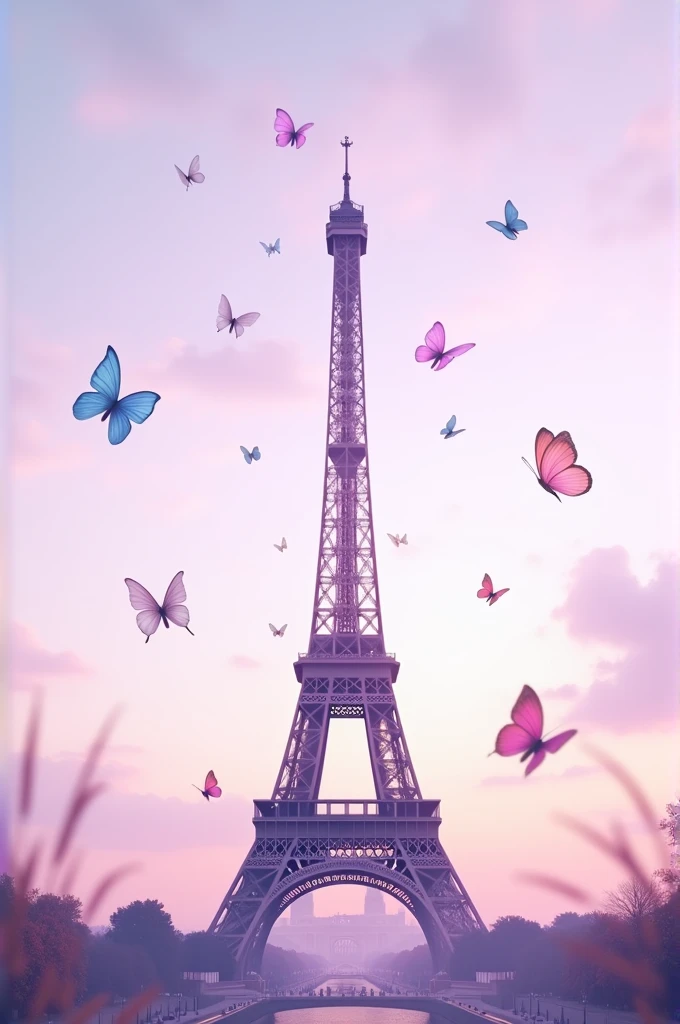 An image of the Eiffel Tower with a lilac background where butterflies come out