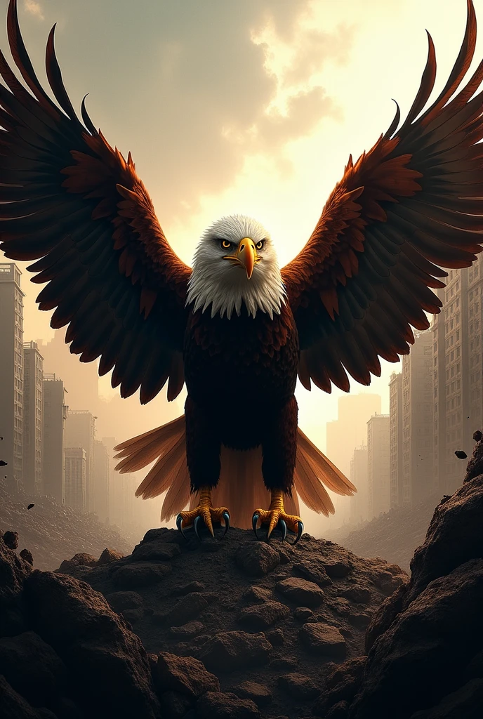Design an Instagram profile picture that features a free and imposing eagle, without fear of living intensely with a post-apocalyptic background