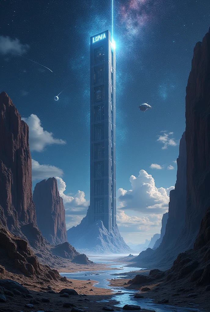 A giant elevator connects earth and sky with a sc-fi view of stars and satellites and meteor rocks