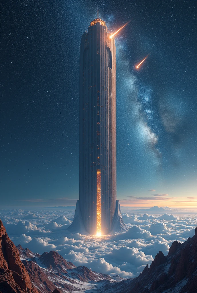 A giant elevator connects earth and sky with a sc-fi view of stars and satellites and meteor rocks