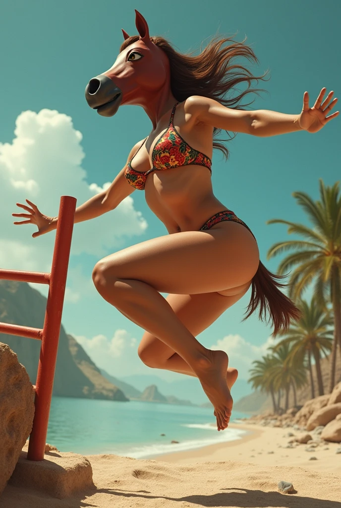 A woman with big breasts in a bikini with a horse mask jumping a serco