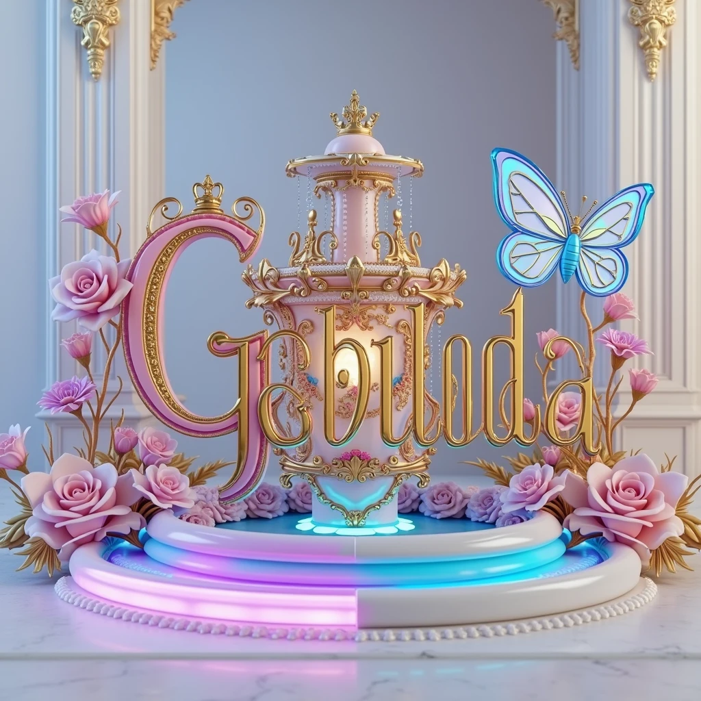 Generates an exquisitely designed 3D text logo titled "Gabiloilda", that emanates an aura of royalty and mystery. The elegant crystallized fountain is adorned with a harmonious design, featuring a delicate pearly heart with a crown and a diamond, and a mesmerizing transparent iridescent butterfly. Vibrant neon shades of pink, blue, yellow, purple, green and orange come to life against pristine white background, adding a touch of magic and charm. Pink and lavender hearts on the sides enhance the charm, while bold typography and 3D rendering make a powerful statement in the world of vibrant 3D rendering architecture and design. Perfect for a cinematic experience or architectural design, This captivating logo captures the essence of a dreamy, conceptual art masterpiece.