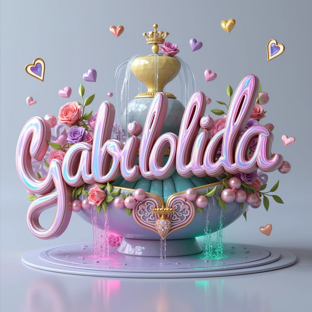 Generates an exquisitely designed 3D text logo titled "Gabiloilda", that emanates an aura of royalty and mystery. The elegant crystallized fountain is adorned with a harmonious design, featuring a delicate pearly heart with a crown and a diamond, and a mesmerizing transparent iridescent butterfly. Vibrant neon shades of pink, blue, yellow, purple, green and orange come to life against pristine white background, adding a touch of magic and charm. Pink and lavender hearts on the sides enhance the charm, while bold typography and 3D rendering make a powerful statement in the world of vibrant 3D rendering architecture and design. Perfect for a cinematic experience or architectural design, This captivating logo captures the essence of a dreamy, conceptual art masterpiece.