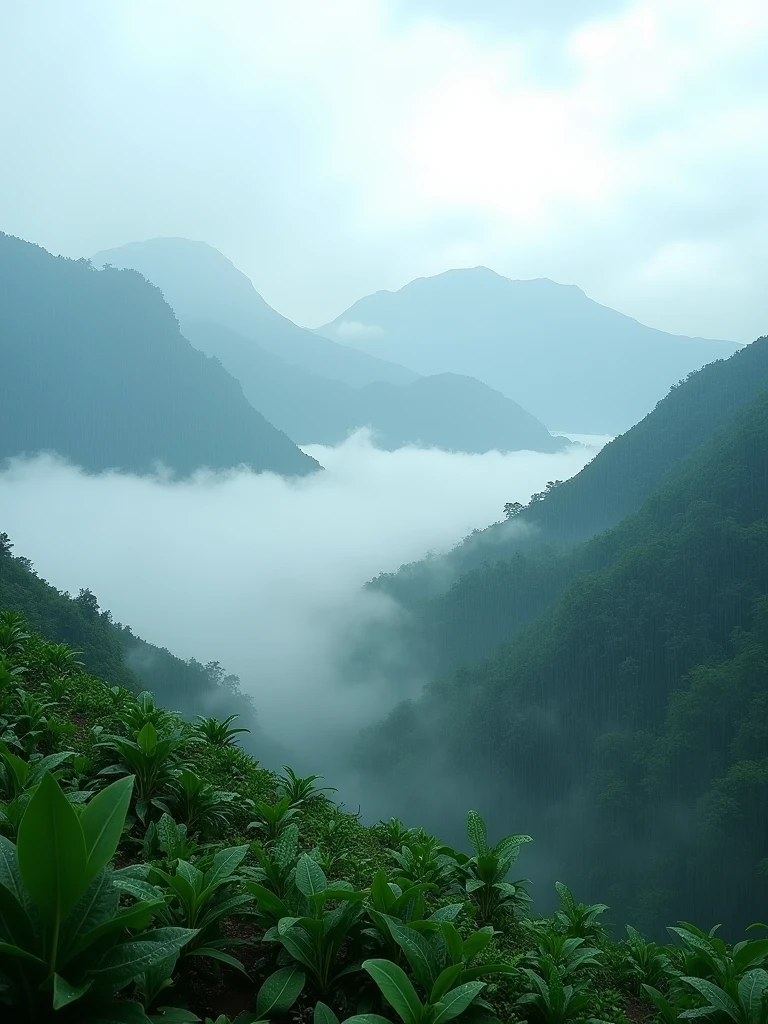 Revel in the tranquil beauty of a monsoon mountain scene, where the fog kisses the greenery, captured in crisp and vivid Ultra HD quality.