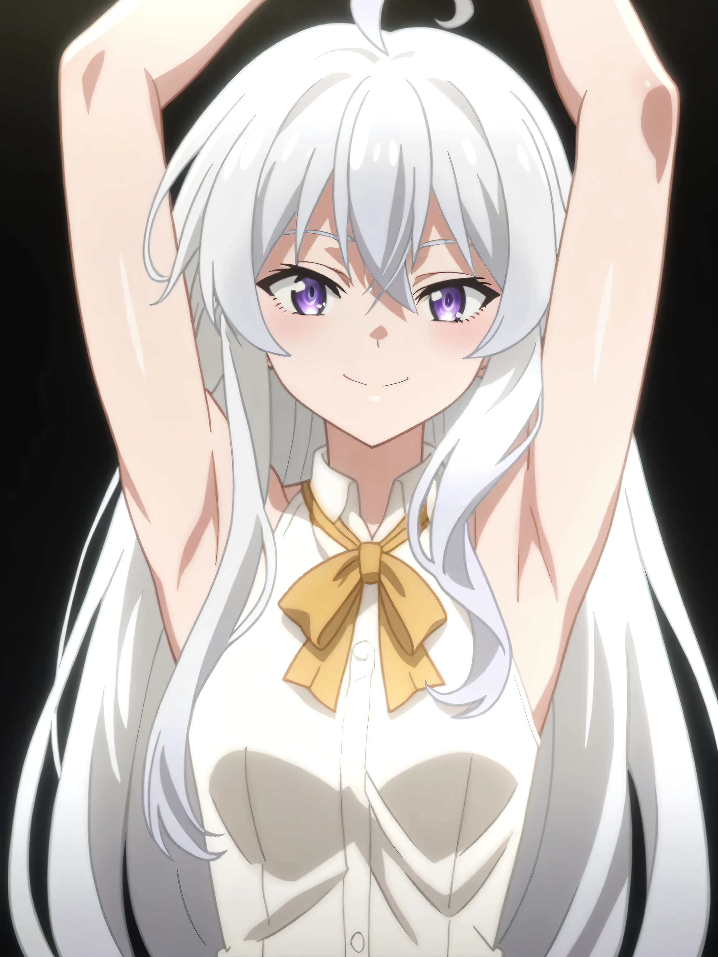 score_9, score_8_up, score_7_up, source_anime, elaina-inner, elaina \(majo no tabitabi\),purple eyes, grey hair, white hair, long hair,ahoge,sleeveless,sleeveless shirt,white shirt, 1girl, solo, anime screencap, frontlighting, simple background, black background, dark background, shiny skin, shiny hair, (looking at viewer, eye contact with viewer:1.3), smile, light blush, (closed mouth, arms up, raised arms, armpits, in the center, symmetrical, upright,