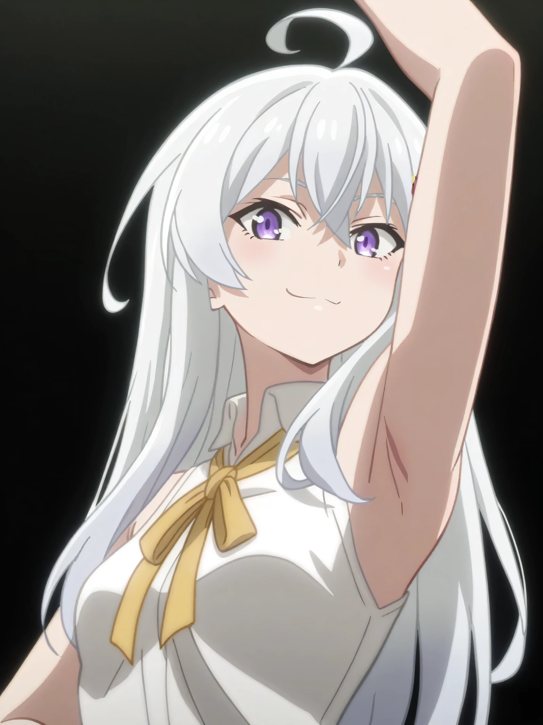 score_9, score_8_up, score_7_up, source_anime, elaina-inner, elaina \(majo no tabitabi\),purple eyes, grey hair, white hair, long hair,ahoge,sleeveless,sleeveless shirt,white shirt, 1girl, solo, anime screencap, frontlighting, simple background, black background, dark background, shiny skin, shiny hair, (looking at viewer, eye contact with viewer:1.3), smile, light blush, closed mouth, arm up, raised arm, armpit, (from side, from below:1.4)