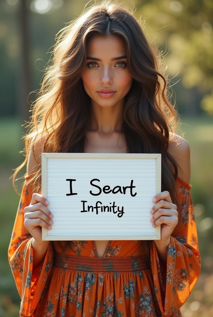 Beautiful girl with wavy long hair, bohemian dress, holding a white board with text "I Love Seaart Infinity" and showing it to the viewer