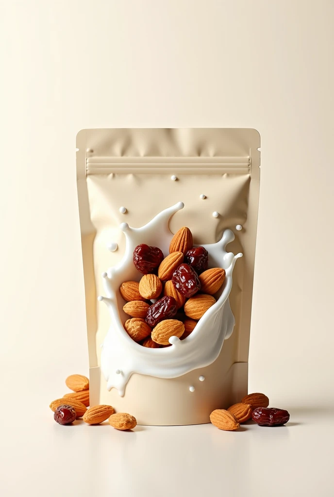 I want to make a packaging design of staand up pouch that has the mix of peanuts , date and almonds 9n milk splash
 
