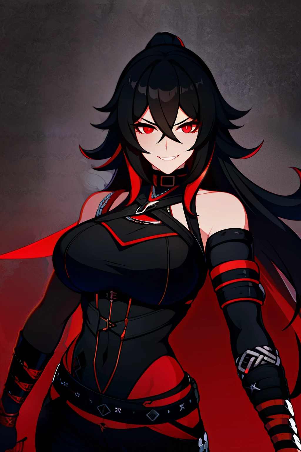 Adult woman, Ebony, black skin, long curly black hair, red eyes, Bondage on the eye, musculature, Black hired tight top, Mercenary pants, arma, sword, smirk, Masterpiece, hiquality