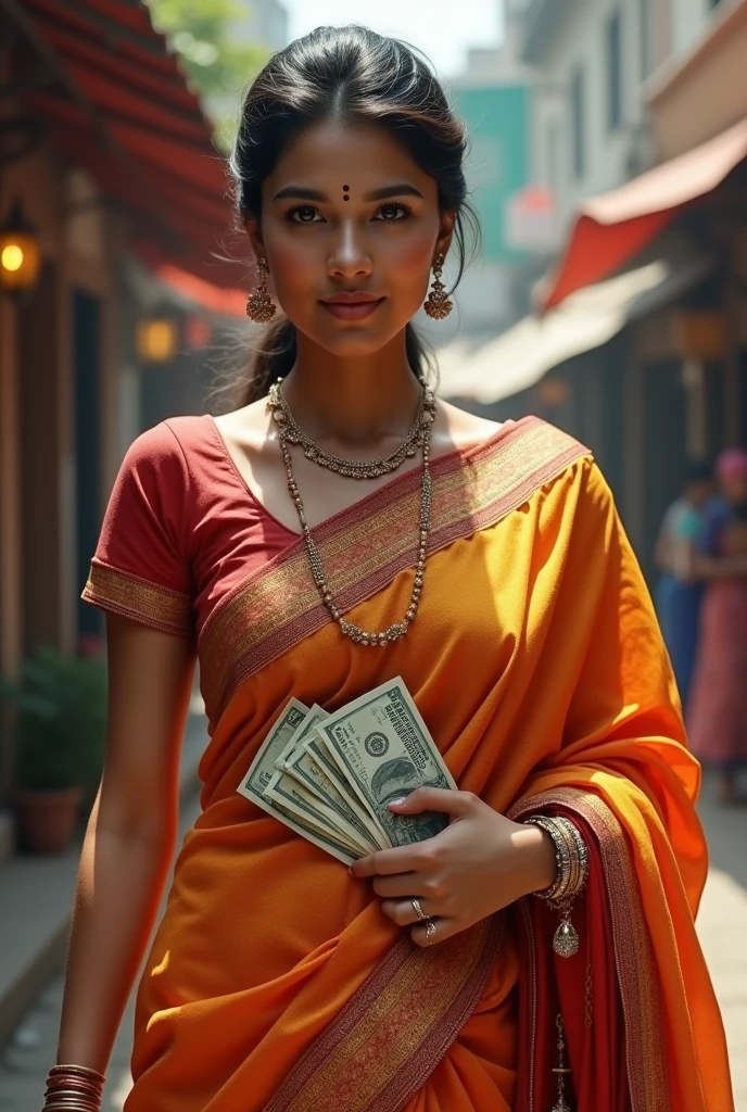 Indian women saree , money inside
cleavage