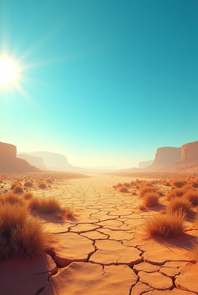 A wide shot of a dry, arid landscape with a blazing sun in the sky.