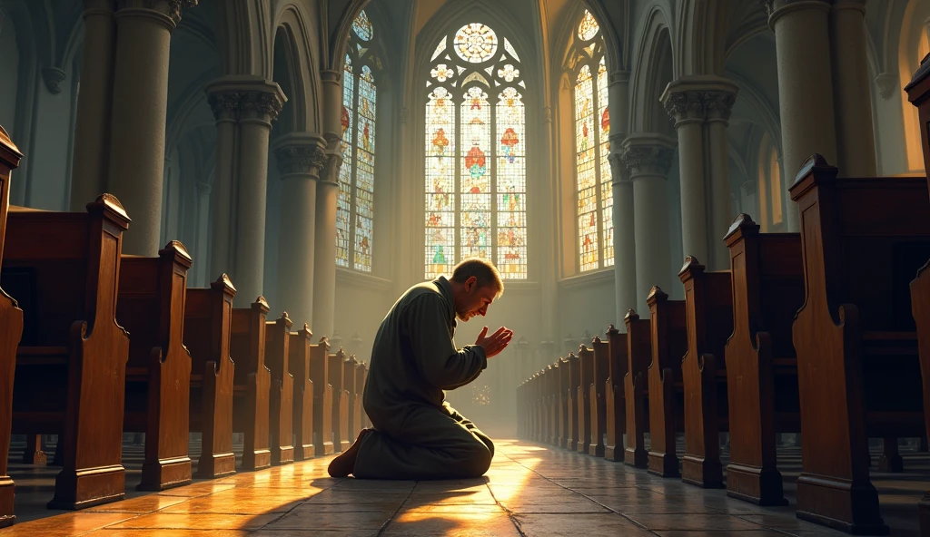 A man on his knees in a church praying 