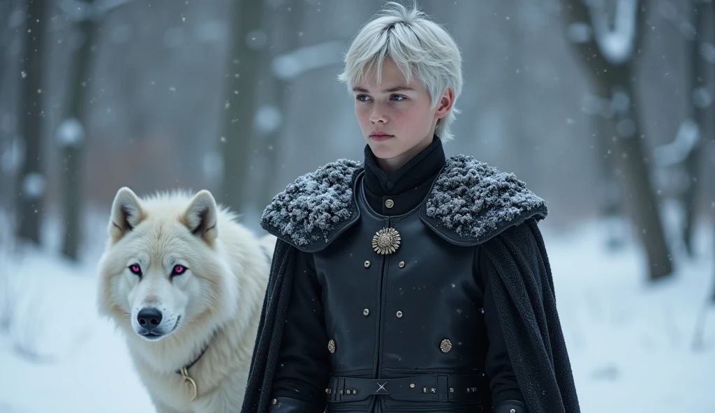 A targaryen teenager boy with with silver short hair and purple eyes trails with black clothes. full body. A Targaryen and stark bastard. Winterfell scenary. winter, snow. a white wolf with red eyes before him