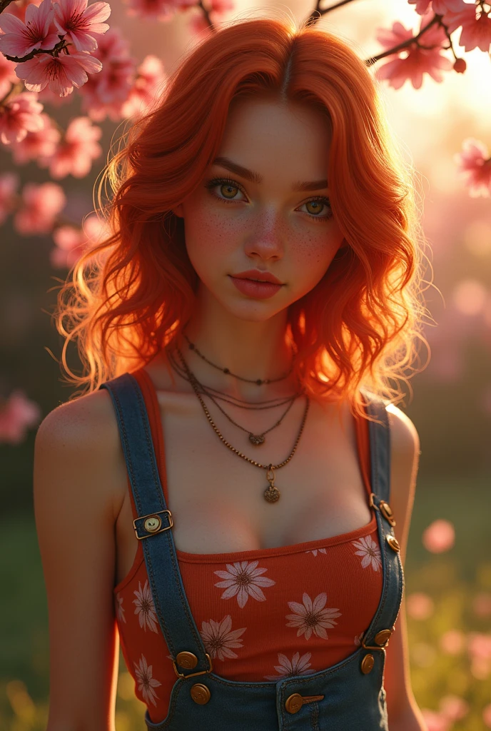 high resolution, work of art, perfect lighting, blossom, cinematic lighting, grown-up, female, perfect skin, looking ahead at viewer, trunk, clavicle, Wavy hair, necklase, suspenders, flower print, hypdertailed, freckles, Red hair, lighting sun, central opening, tummy, neckleace, sleeveless