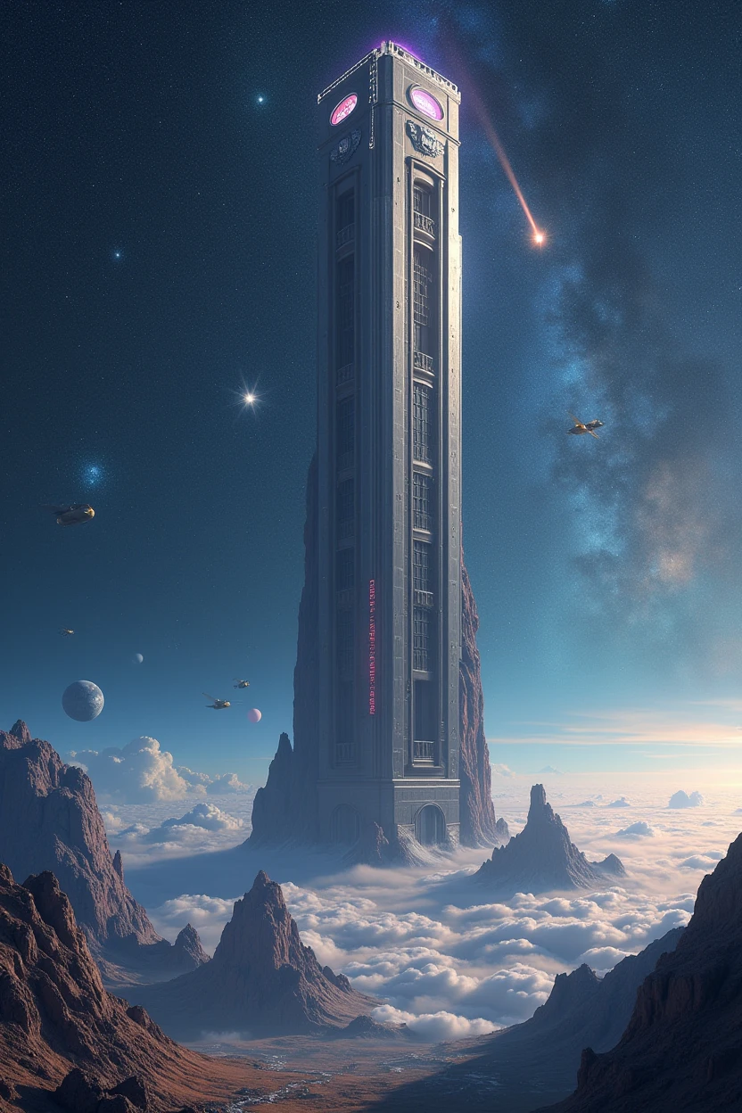 A giant elevator connects earth and sky with a sc-fi view of stars and satellites and meteor rocks