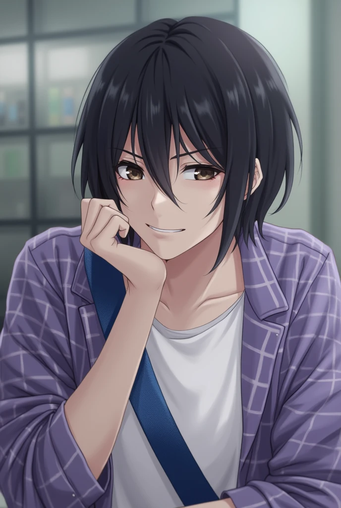 1male,
Realism,
asian,
looking away,
black hair,
blurry,
blurry background,
blurry foreground,
cosplay photo,
depth of field,
head rest,
plaid clothes,
male focus,
motion blur,
photo_(medium),
photo background,
photorealistic,
realistic,
solo,
sanpaku eyes,
hand on chin,
light purple clothes,
white T shirt inside,
mash bob hair,
serious hairstyle,
shoulder bag blue strap,
evil smile,
