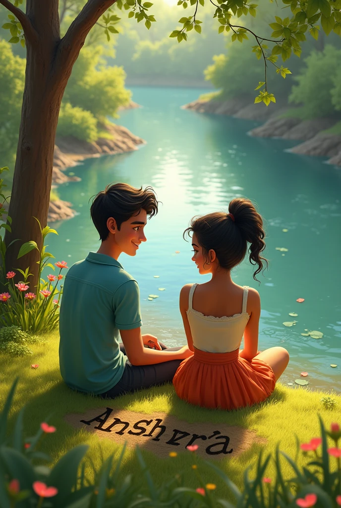 The boy named aryan sitting with her girlfriend anshika on bank of river print their name