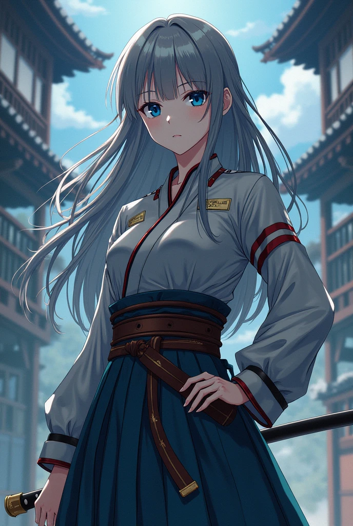 An anime character in style of an anime called "Demon slayer". Female, name - Amei which means heavens, sky. Create that character based off of her name. She wears a haori, has a katana, a demon slayer corps uniform. She's human, has sharp eyes and unexpressive look. Pale skin, long hair. Doesn't have a revealing clothes. The colour of her hair shouldn't be white, dark blue, orange, yellow, purple, pink, green, teal, red. 
