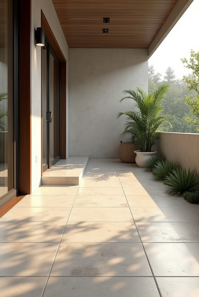 I want a 3D format design in which you graphically show me in detail a ceramic and stone floor, the exterior porch of the house with measurements of 2.50 meters by 1.40, meters in neutral colors 