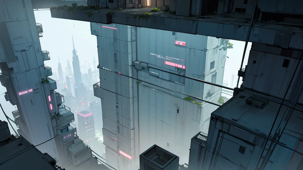 create a scene from the top of a building at night in the middle of an abandoned futuristic city with plants already taking the place.