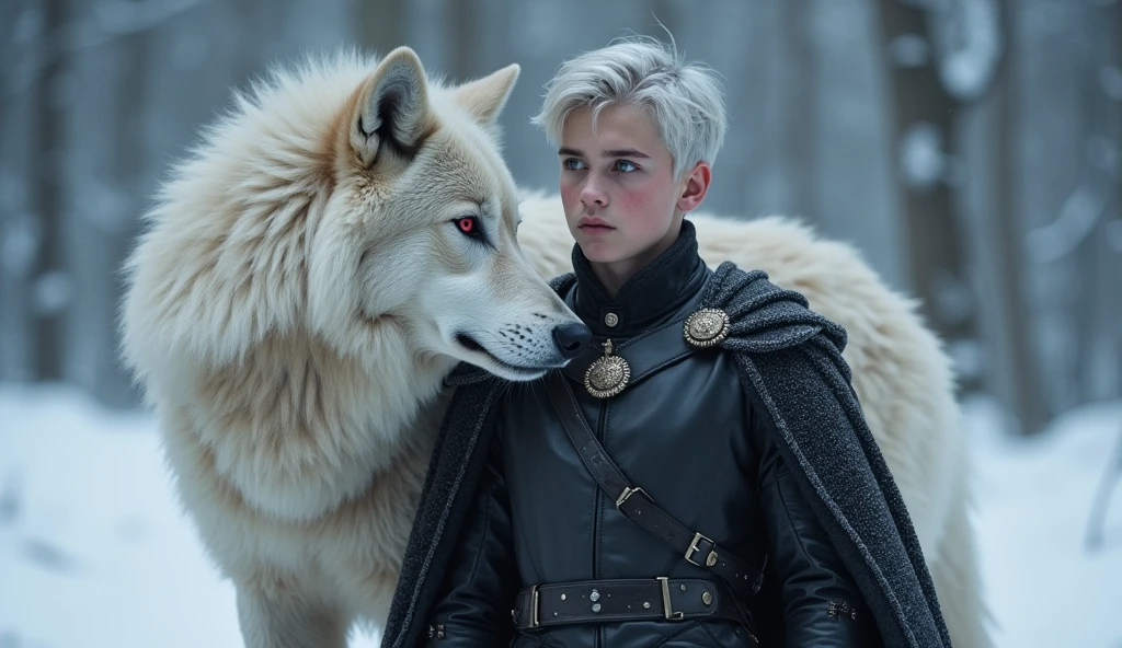 A targaryen teenager boy with 14 years with silver short hair and purple eyes trails with black clothes. A Targaryen and stark bastard. Winterfell scenary. winter, snow. a white wolf red eyed before him