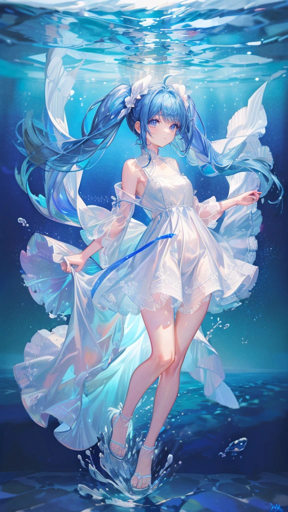(muste piece), (best quality), very detailed, 1 girl, perfect face, (solo full body shot:1.3), very detailed顔,(Blue-haired twintails:1.5),(Blue eyes:1.4),(in water:1.4),(white dress:1.5),Ocean,School of small fish,Light,bubble,jellyfish,Ocean Algae,Red fish,Yellow fish,Deep Ocean,fantasy,Ocean bottom,float,(Ocean bottom都市:1.4),smile:1.3
