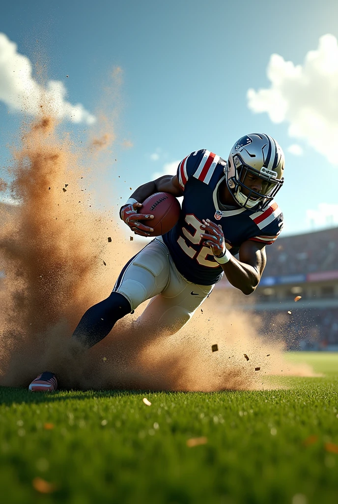 An NFL running back on a football field landing on the ground and creating a comet like impact