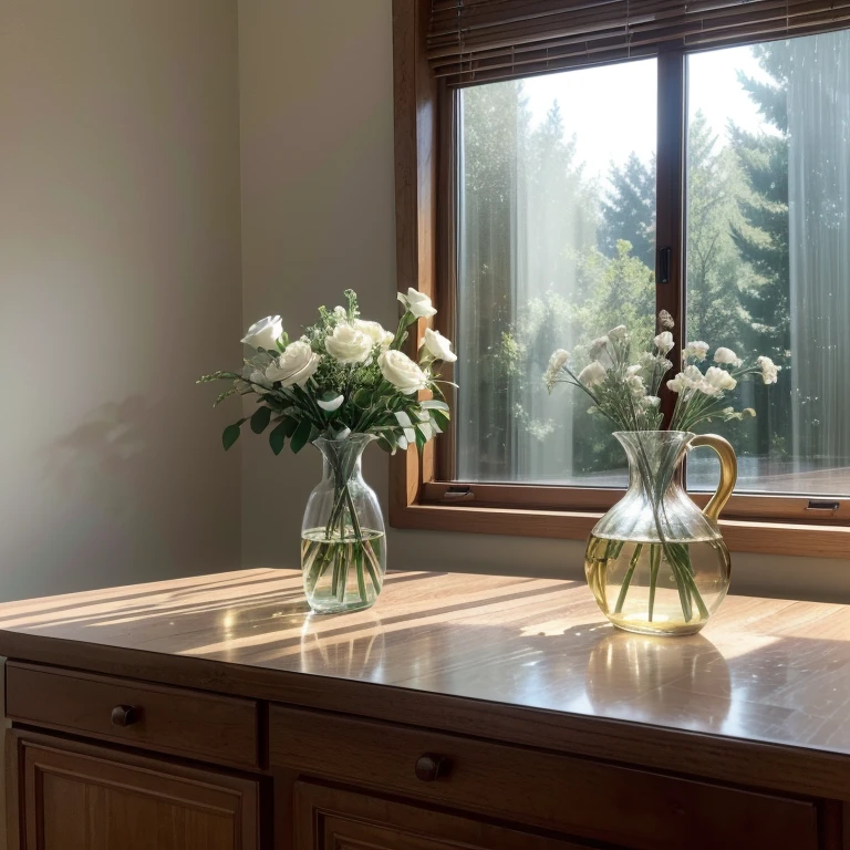 imagine ((UHD, 8K, melhor qualidade)) an elegant bouquet of roses in a shimmering glass vase placed on a vintage wooden countertop, inside a cozy home with morning sunlight illuminating the petals, the glass vase reflecting a spectrum of colors, soft dew on the petals glistening, the wooden surface aged and textured, sunlight creating a golden glow, the room exuding warmth and tranquility, atmosphere filled with serenity and comfort, ultra-realistic photography style, shot with a Nikon D850, 85mm lens, f/1.8 aperture, ISO 200, natural light, negative prompt: harsh lighting, monochrome, plain glass vase, dusty countertop, blurred image, low resolution.