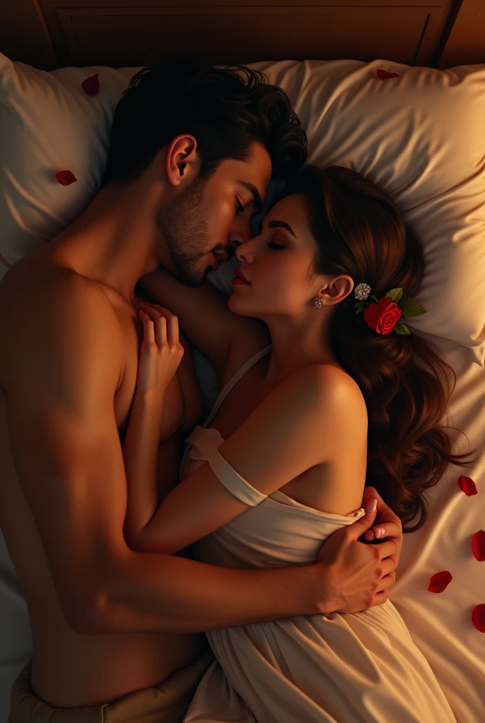 Beautiful girl sex bed with husband and nude without clothes first night wedding mekup rose in bedroom 