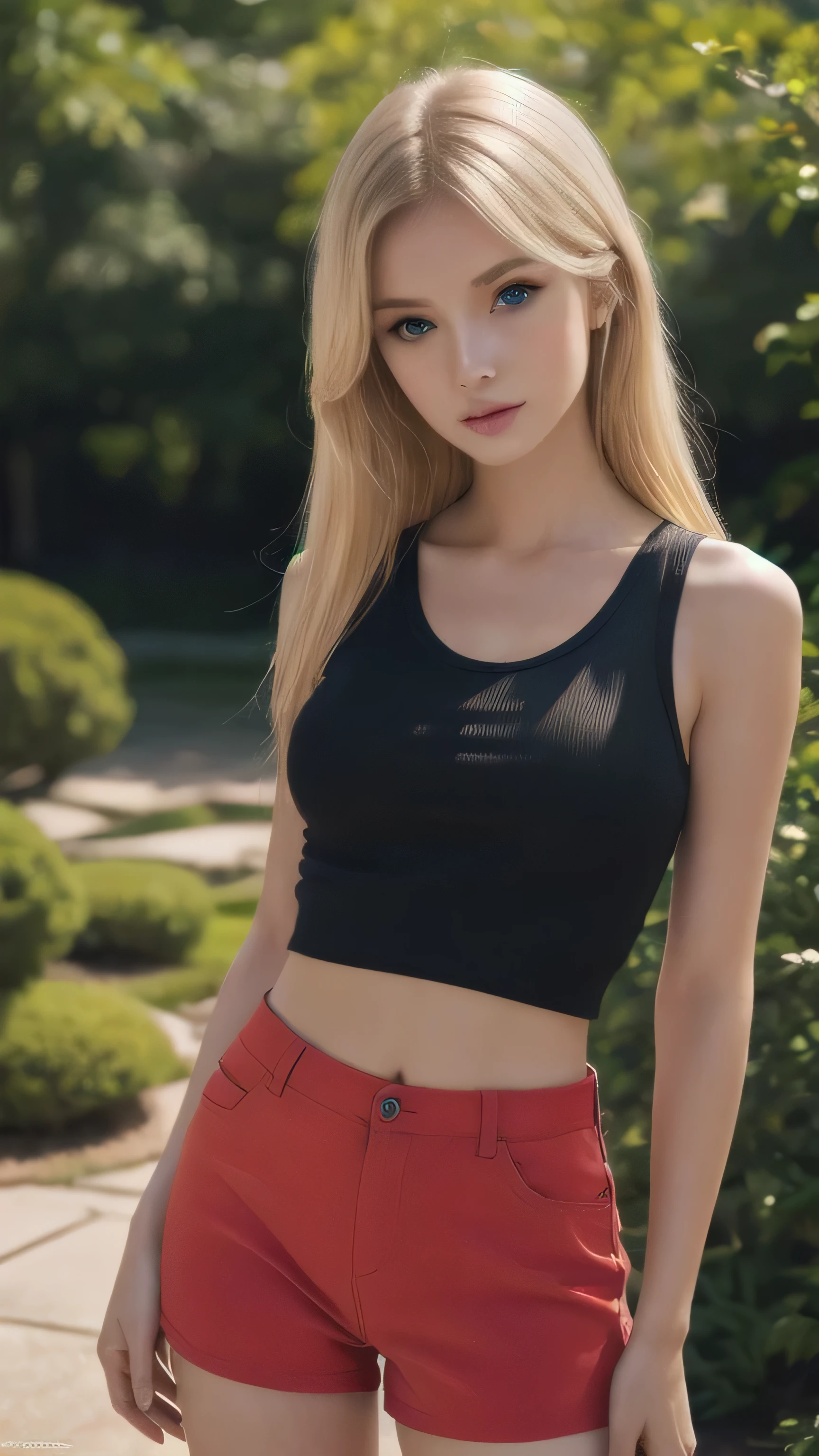 ((Best Quality, 8K, Masterpiece: 1.3)), Full Body, Focus Clear: 1.2, Outstanding Beauty: 1.4, Slender Abs: 1.2, ((Blonde, Big: 1.2)), Black Tank Top, Highly Detailed Face and Skin Texture, Detailed Eyes, Double Eyelids