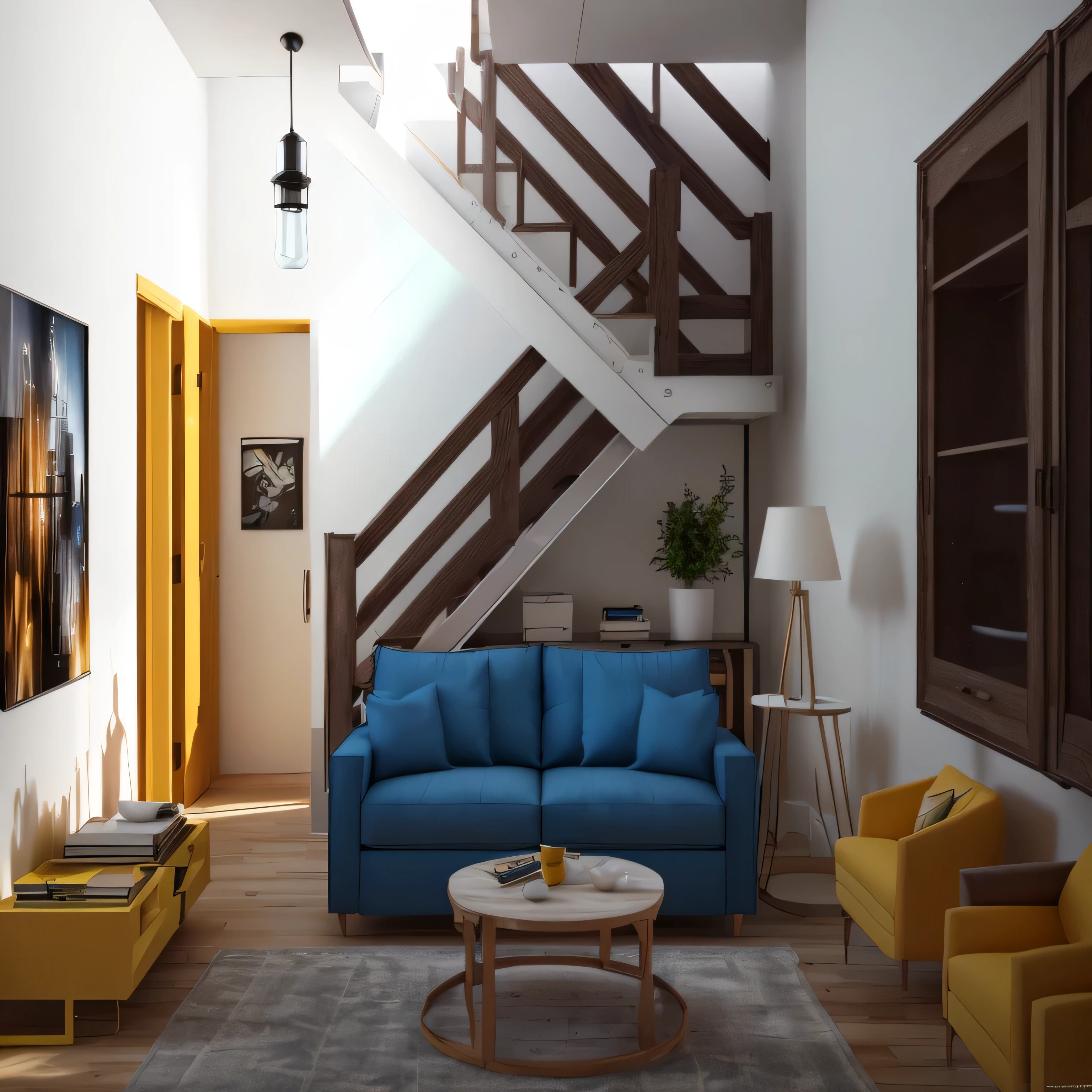 yellow and blue sofa, stairs, window, doors, table, painting on the wall, furniture concept photo!!, living room with two levels, very realistic 3D rendering, in 3D rendering style, with 3d rendering, with 3d rendering, 3d render, rendered in Enscape, stunning 3d rendering, internal living room, rendered in lumion pro, luminous renderinging, luminous rendering