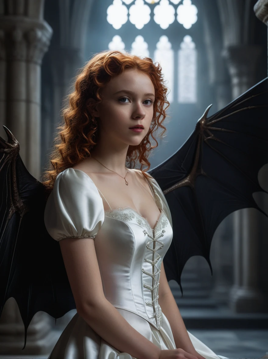 In this exciting, ultra-realistic cinematic scene, the full body of a red-haired curly-haired young girl Marishka, dazzlingly beautiful, great bat wings, she has from head to toe and wings with a white enamel skin of death in the style of barroko, she hovered in the air vertically with her wings open, against the background of a Gothic cathedral, hyperrealism, portrait of a flying Marishka in the image Brides of Dracula, (Van Helsing). Atmospheric lighting creates a moody, majestic atmosphere, and soft light creates an elegant glow on their graceful, dynamic poses. A mysterious, vast landscape is depicted in the background, evoking a sense of awe and surprise. The image is obtained on a 70mm lens with increased depth of field and tilt blur to enhance cinematography. The color scheme and lighting were carefully worked out using the Unreal Engine, resulting in a visually stunning masterpiece with increased detail., dark fantasy