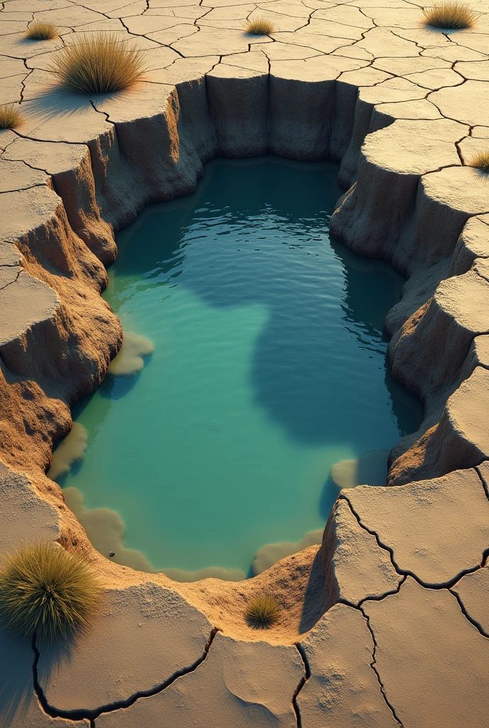 A small, secluded water body, perhaps with some cracked earth around it, indicating a dry season.