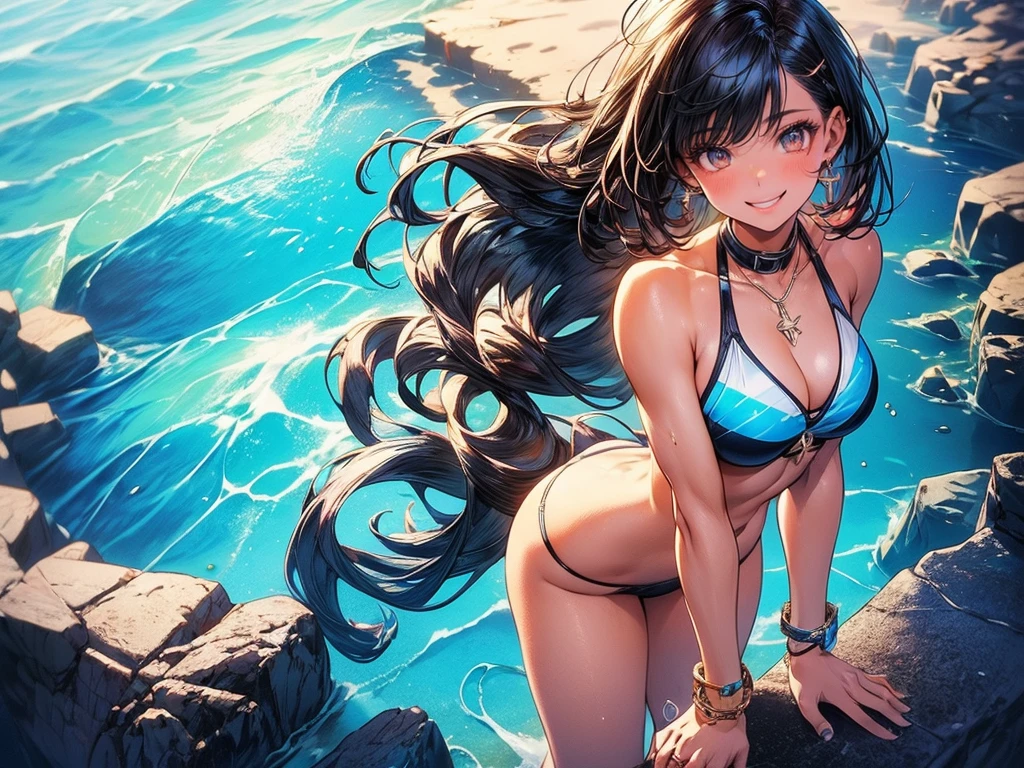 (masterpiece),(beautiful athletic latina is posing at a beach seaside resort :1.5), she looks like a combo of (:jenna ortega :jessica alba :0.5), (bob cut straight black hair with bangs), (hazel eyes :1.25), wearing a black string thong bikini, and a collar, (full body shot :1.25), cinematic lighting, (neon lighting), charm bracelet, subtle smile,masterpiece, best quality, very aesthetic, palm trees, seashells best quality, glowing eyes, 1girl, multicolored hair, smirk, smile, waterfall, arched back