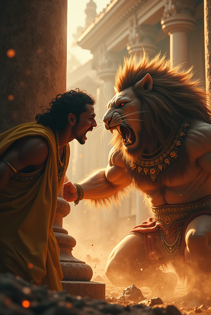 In cinematic style,The Battle with Hiranyakashipu**:
- **Scene**: Narasimha is depicted emerging from a pillar to confront Hiranyakashipu. The scene often shows him with a fearsome expression, roaring and ready for battle. Hiranyakashipu is shown in a state of shock and terror as he faces this formidable opponent.