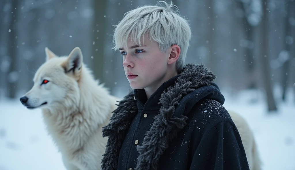 A targaryen teenager boy with 17 years with silver short hair and purple eyes with black clothes. A Targaryen . Winterfell scenary. winter, snow. a white wolf red eyed before him. no clothes
