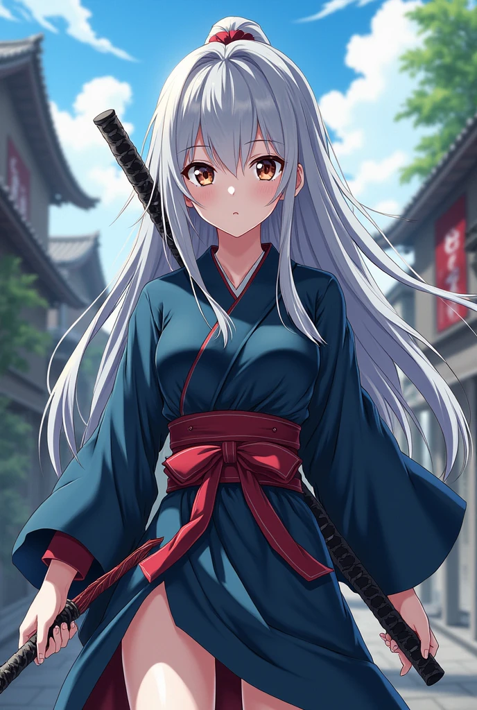 An anime character in style of an anime called "Demon slayer". Female, name - Amei which means heavens, sky. Create that character based off of her name. She wears a haori, has a katana, a demon slayer corps uniform. She's human, has sharp eyes and unexpressive look. Pale skin, long hair. Doesn't have a revealing clothes. The colour of her hair shouldn't be white, dark blue, orange, yellow, purple, pink, green, teal, red.
