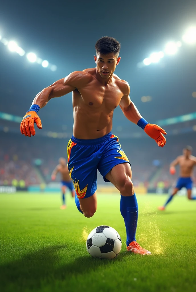 Shirtless Thai soccer player wearing blue soccer shorts with flames and knee high soccer socks and gloves