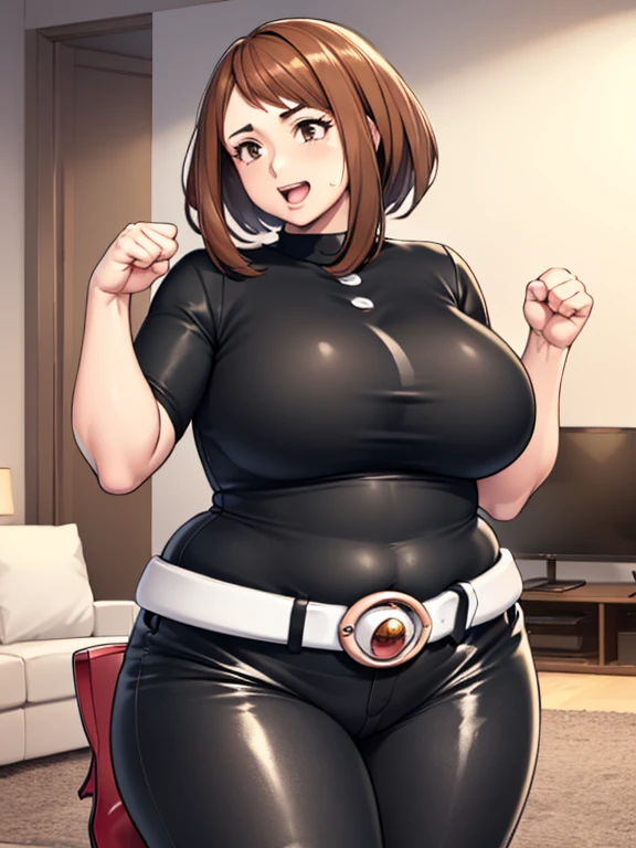 high quality, best quality, beautiful, perfect lighting, detailed face, mature face, ((1girl)), ((solo)), Imagine Ochaco Uraraka as an adult, 45 years old, motherly, mom, MILF, plus sized milf, short brown hair, brown eyes, excited, cheering on, open mouth, looking at viewer, ((Wearing: dark blue shirt,black leather pants, white belt and white heels), ((motherly breasts)), wide hips, thick thighs, chubby, love handles, muffin-top, round belly, living room, right arm raised in the air, hands clenched into a fist
