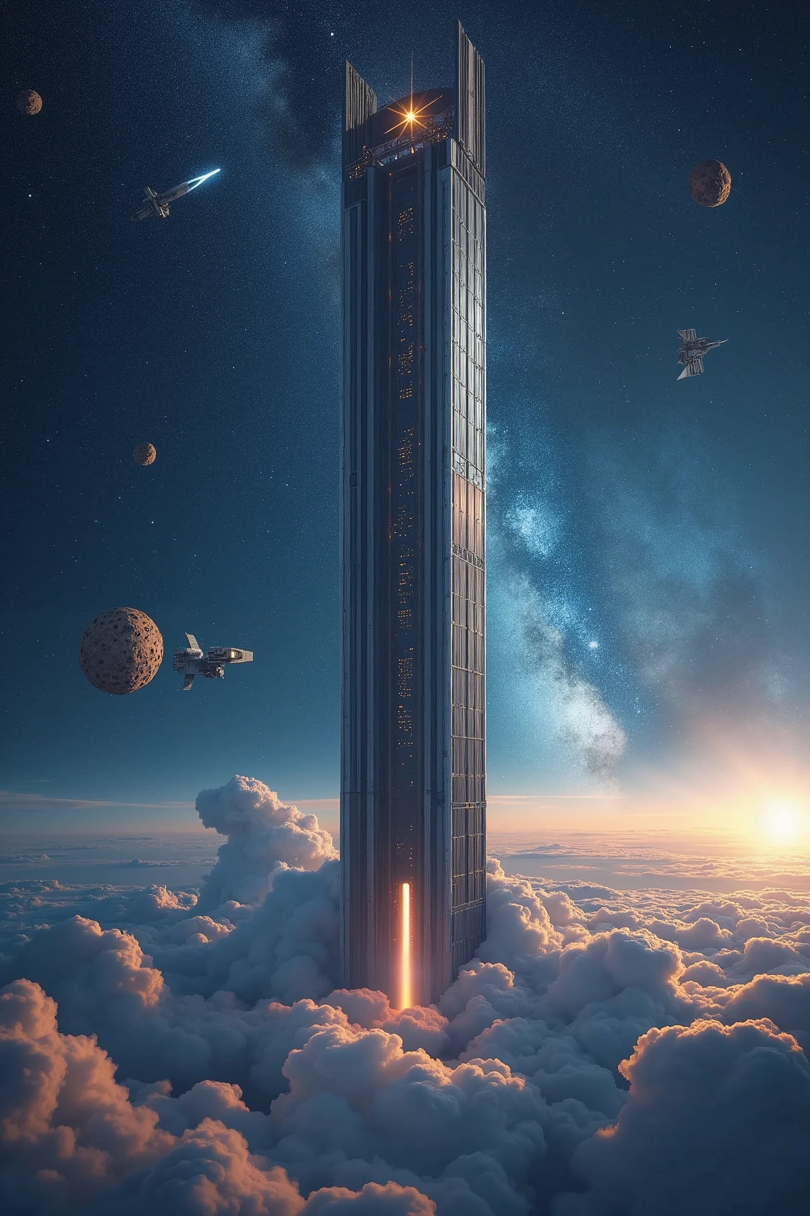 A giant elevator connects earth and sky with a sc-fi view of stars and satellites and meteor rocks