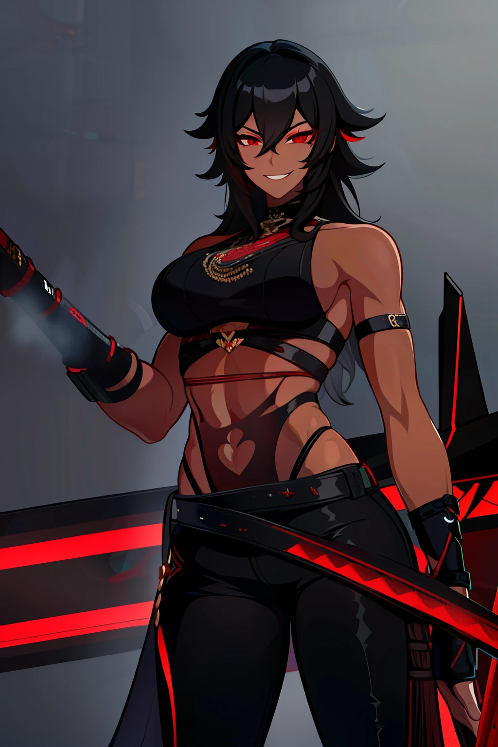 Adult woman, Ebony, black skin, long curly black hair, red eyes, Bondage on the eye, musculature, Black hired tight top, Mercenary pants, arma, sword, smirk, Masterpiece, hiquality