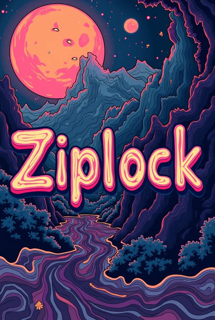 Create a psychedelic image with cool colors and the name "ZiplocK" written in a way as if it were stained.