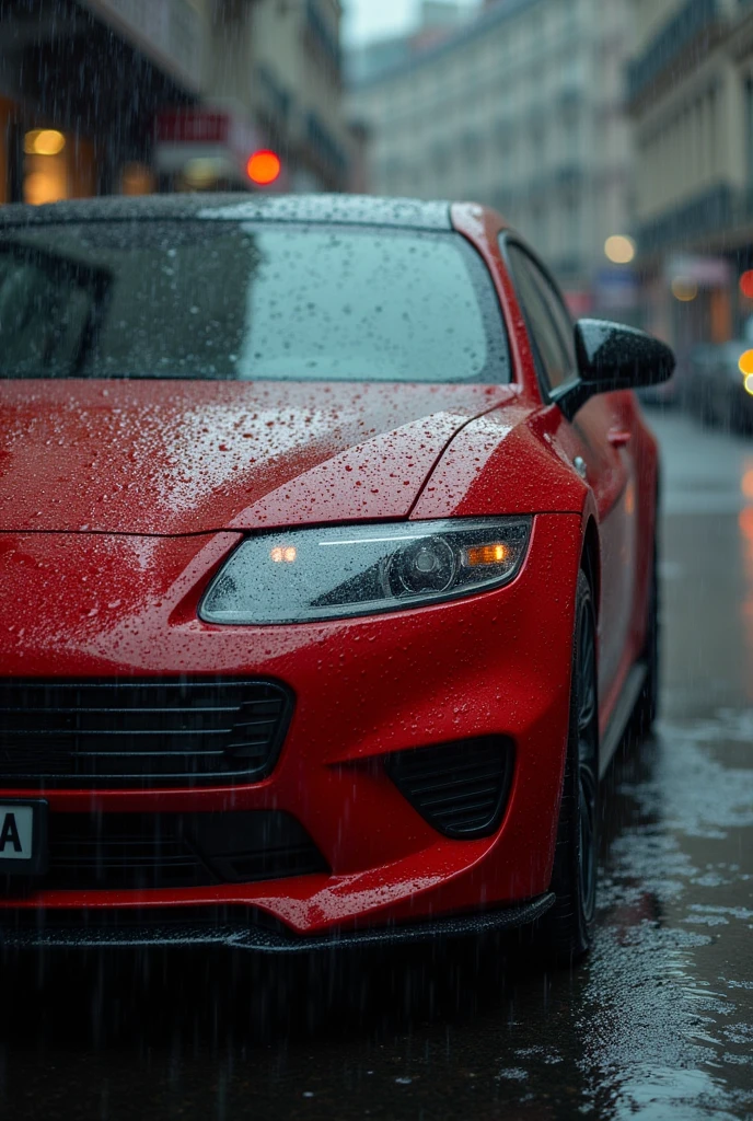 Red beuldor in the rain, it is a car