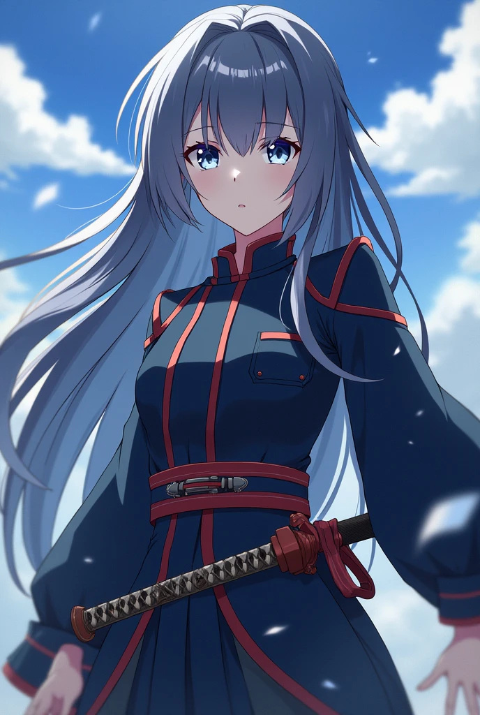An anime character in style of an anime called "Demon slayer". Female, name - Amei which means heavens, sky. Create that character based off of her name. She wears a haori, has a katana, a demon slayer corps uniform. She's human, has sharp eyes and unexpressive look. Pale skin, long hair. Doesn't have a revealing clothes. The colour of her hair shouldn't be white, dark blue, orange, yellow, purple, pink, green, teal or red. Don't make her eyes too big.