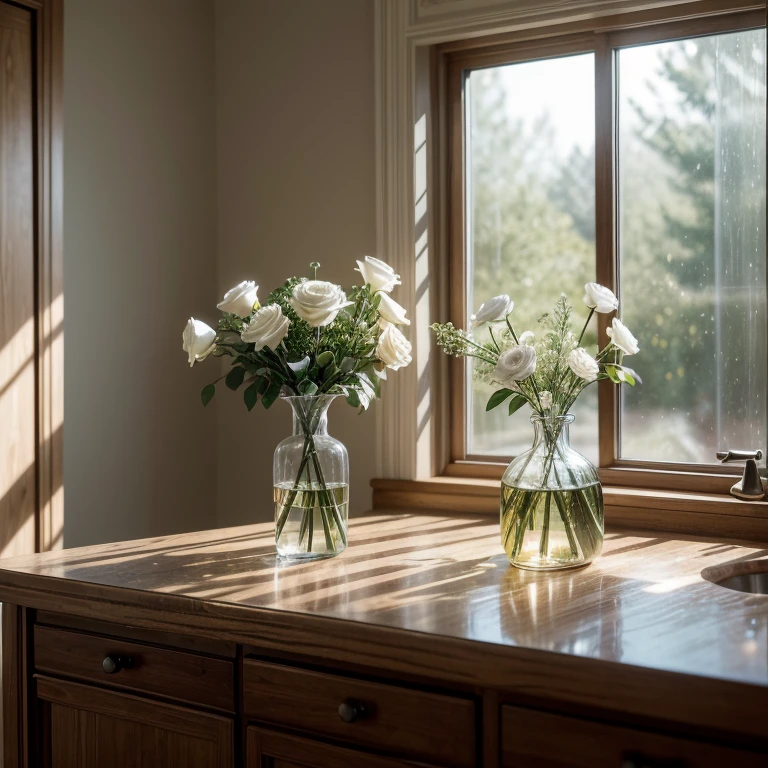 Consider an elegant collection of roses in a sparkling glass vase placed atop an antique wooden counter., inside a cozy house with the morning light illuminating the petals, the glass vase reflecting a spectrum of colors, the soft dew on the petals shining, the aged and textured wooden surface, the sunlight creating a golden glow, the environment exuding warmth and tranquility, atmosphere filled with serenity and comfort, super-realistic photography style, made with a Nikon D850, 85MM lens, aperture f/1.8, iso 200, naturallight, negative scenario: hard lighting, monochromatic, simple glass vase, dusty counter, blurry image, Low resolution