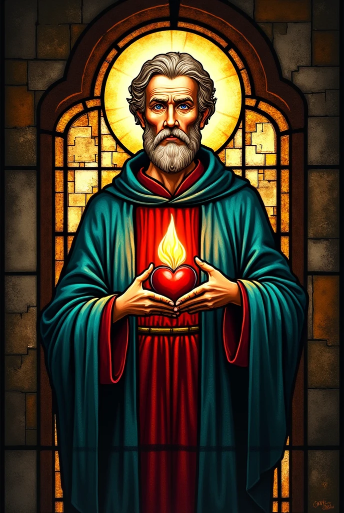 stained glass window of Saint Augustine without frame with the heart and flame that characterizes it as old as it is usually projected