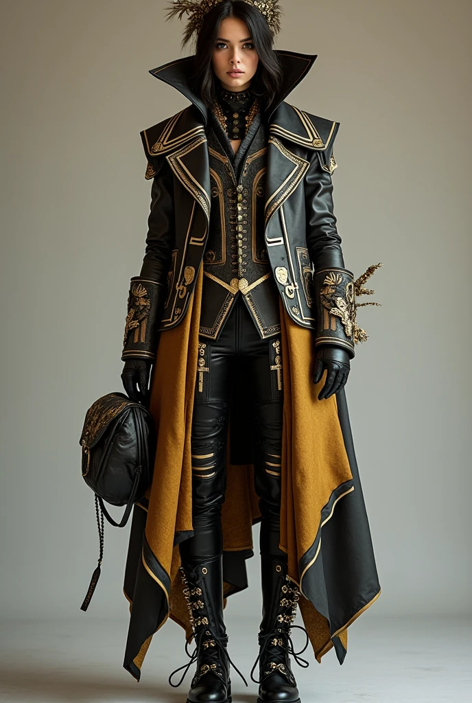 Generate a Great Gatsby outfit that is more modern and inspired by Vivienne Westwood, Alexander McQueen, Martin Margiela and John Galliano. I want it to be extremely maximalistic and rebellious but also fashion and avant garde