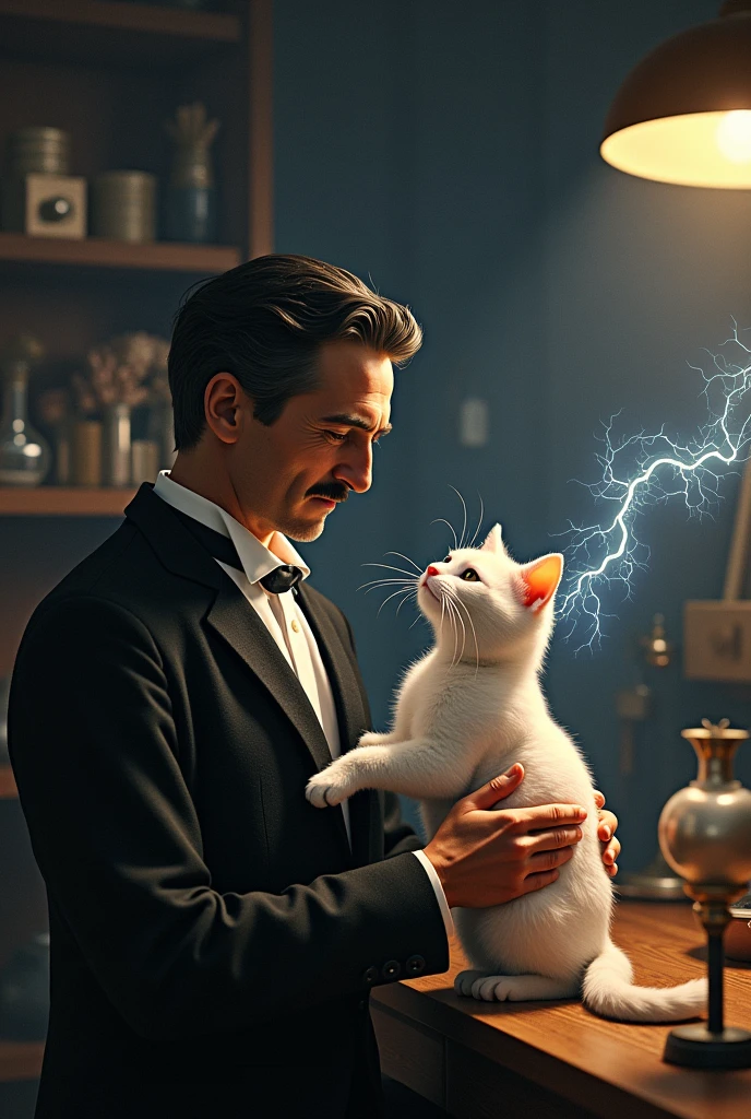 Tesla is sitting in his laboratory, with an expression of concentration and joy, gently petting your soft-haired cat. ao mesmo tempo, a small spark of static energy shines between your fingers and the cat&#39;s fur.
