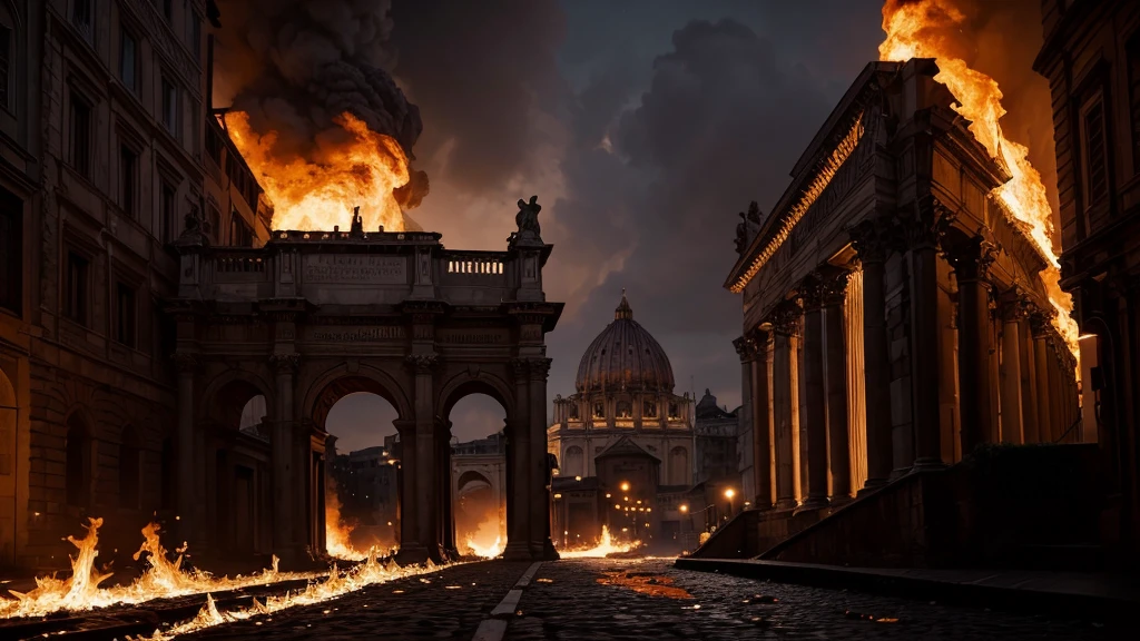 Old Rome, Midnight, dramatic,in the dark, dark, burning cathedral in the distance, Create a high-resolution digital painting of a street in the ancient rome with a burning cathedral in rome illuminated by the intense flames engulfing dimly the scene The background features the crumbling arches and shattered stained glass windows of the cathedral, all consumed by fire. The overall atmosphere is dark, chaotic, and anticlimactic with vivid details of the burning inferno heavy use of dramatic lighting and bold contrasts, Ancient rome